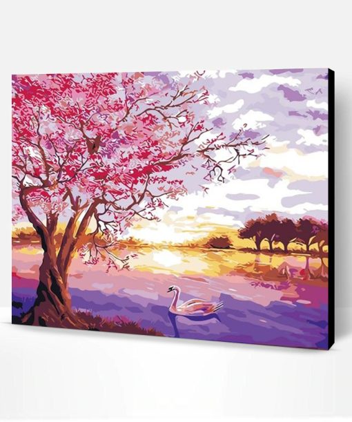 Beautiful Cherry Tree in the Lake Paint By Number