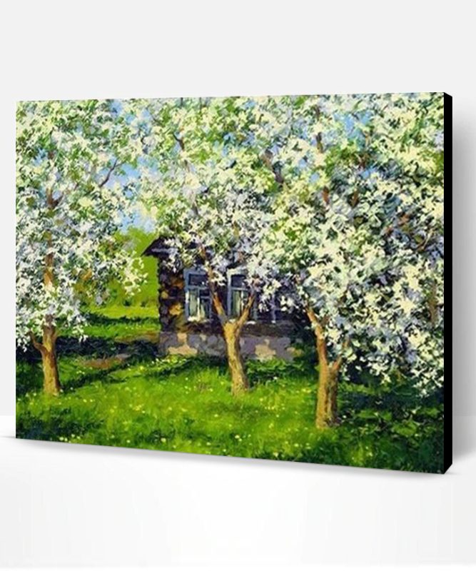 Wood House and Blossom Trees Paint By Number