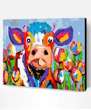 Colorful Cow in Flower Field Paint By Number