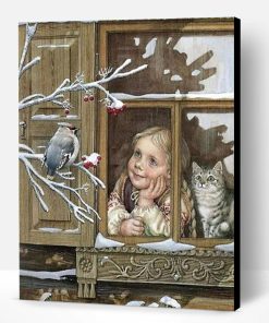Girl Looks Out Window To Bird Paint By Number