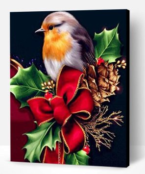 Bird on Red Christmas Ribbon Paint By Number