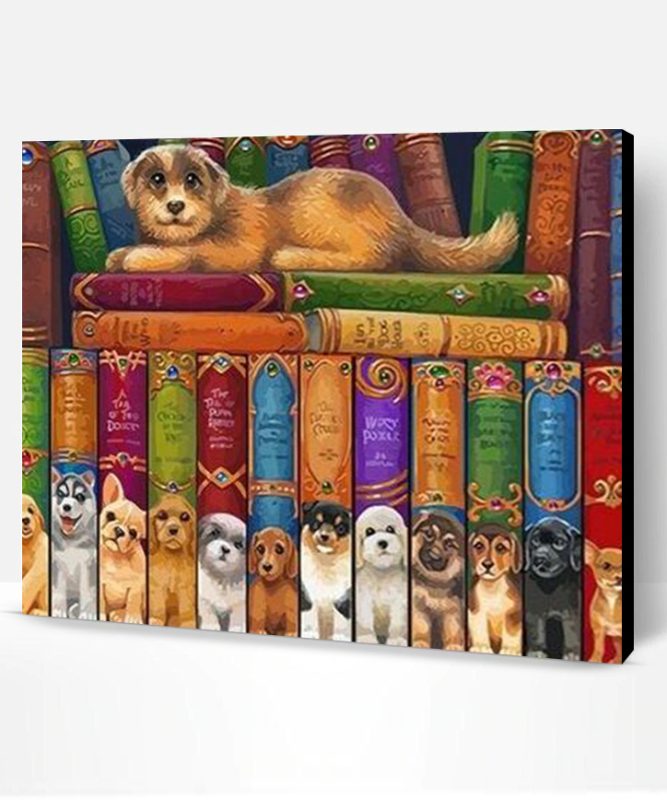 Dogs on Bookshelves Paint By Number