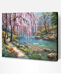 Cherry Blossom Tree Near River Paint By Number