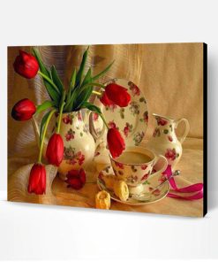 Red Tulip Flowers On Table Paint By Number