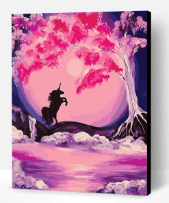 Tree And Unicorn on Pink Night Paint By Number