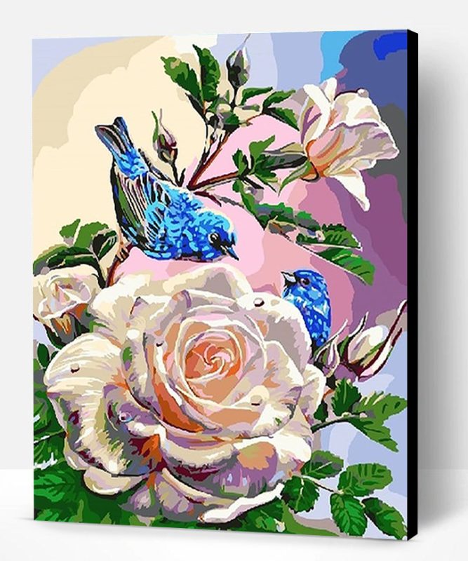 White Rose and Blue Birds Paint By Number