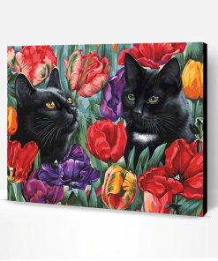 Black Cats Amongst the Tulips Paint By Number