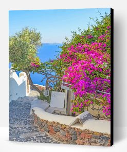 Santorini Greece Pink Flowers Paint By Number