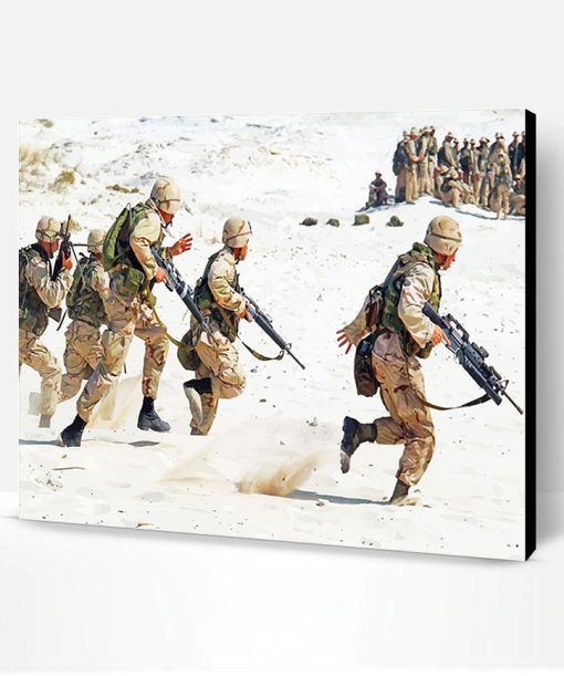 Soldier Holding Rifle Running On White Sand Paint By Number