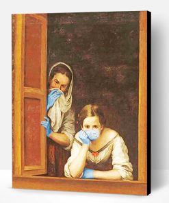 Two Women At Window Wearing Masks Paint By Number