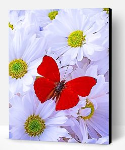Beautiful White Flowers Red Butterfly Paint By Number