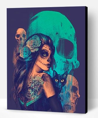 Skull Woman With Her Cat Paint By Number