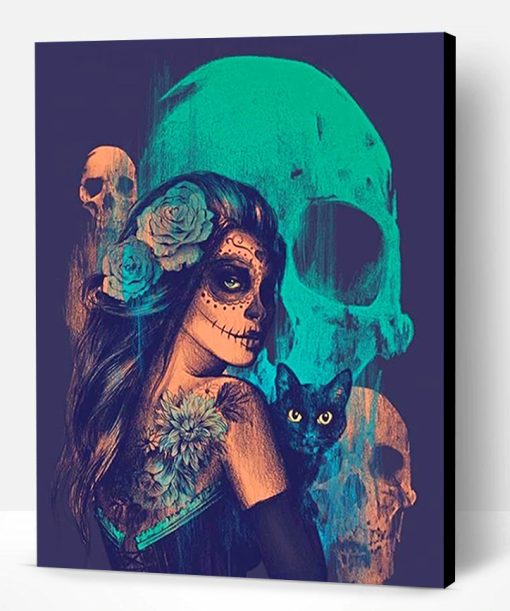 Skull Woman With Her Cat Paint By Number