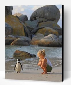A little Girl Trying To Talk To A Penguin Paint By Number