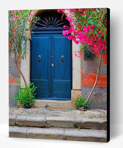 Blue Door And Pink Flowers Paint By Number