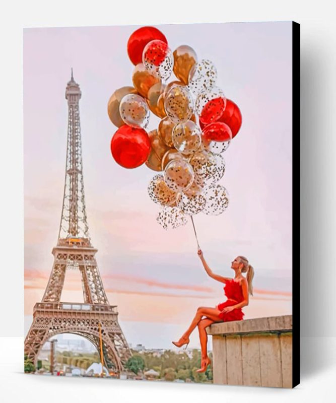 Girl Holding Balloons In Eiffel Tower Paint By Number