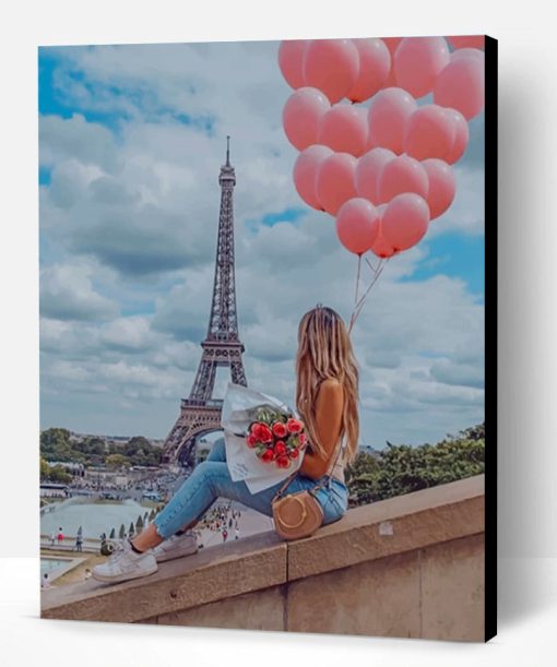 Girl Holding Pink Balloons In Paris Paint By Number