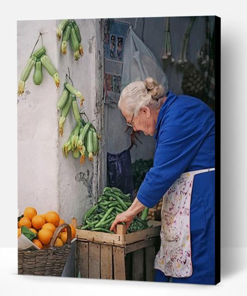 Old Woman Selling Fruits And Vegetables Paint By Number