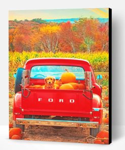 Dog And Pumpkins In A Red Truck Paint By Number