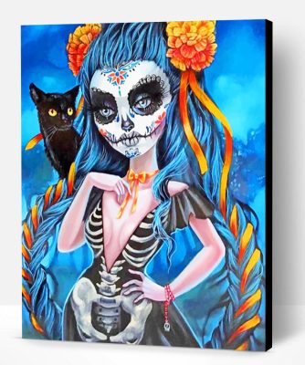 Sugar Skull Woman With A Black Cat Paint By Number