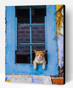 Cat Looking Through A Blue Window Paint By Number