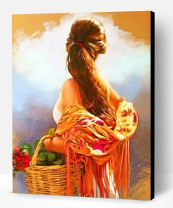 Woman Holding A Basket Full Of Red Flowers Paint By Number