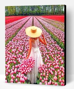 Woman In Field Of Pink Flowers Paint By Number