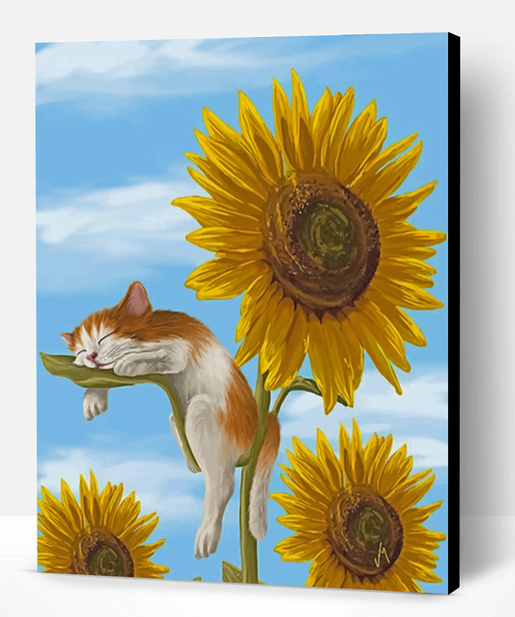 Sleepy Cat And Sunflowers Paint By Numbers - Paint By Numbers PRO