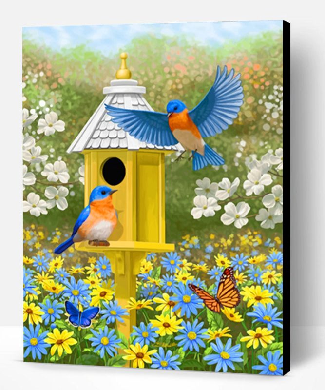 Colorful Garden Bluebirds And Birdhouse Paint By Number