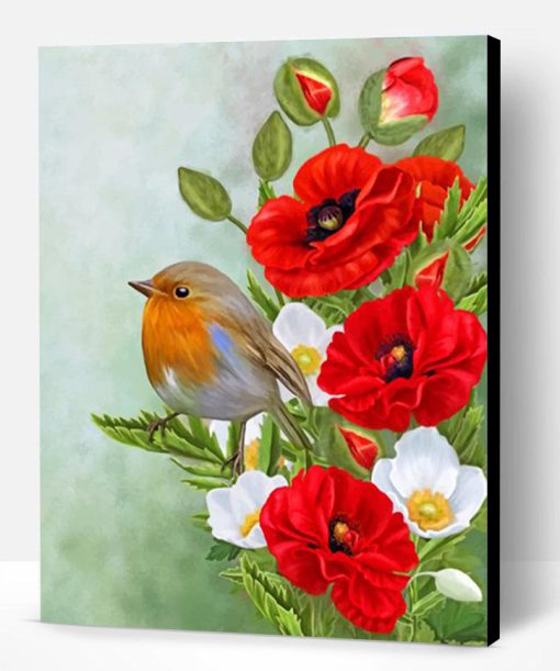 Bird On Poppy Flowers Paint By Number