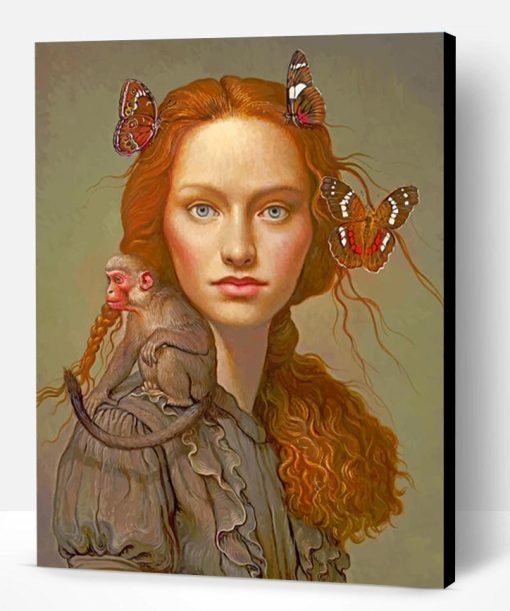 Girl With Butterflies And Monkey Paint By Number