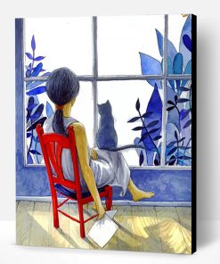 Girl And Cat By Window Paint By Number