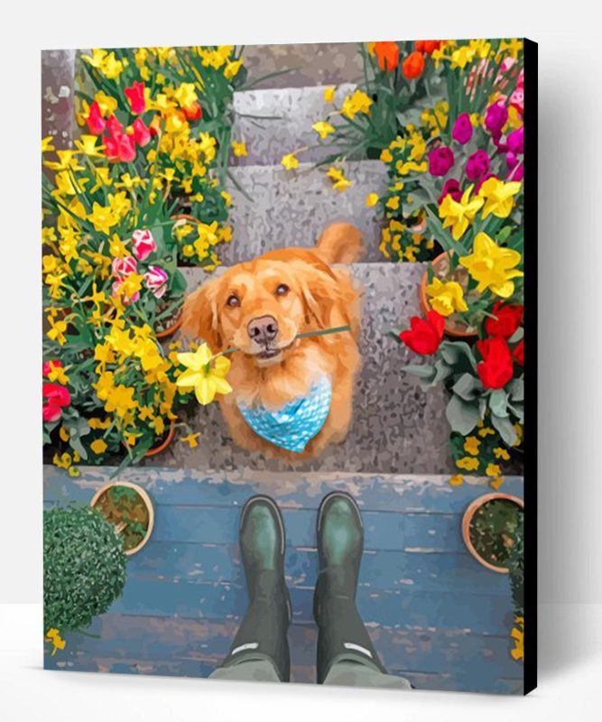 Puppy And Flowers Paint By Number