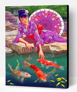Japanese Woman And Koi Fishes Paint By Number