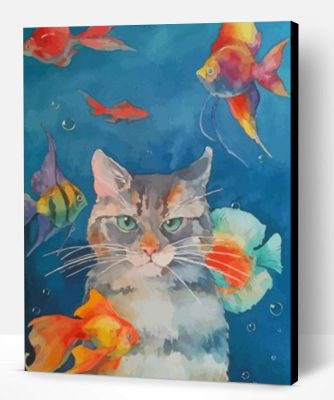 Cat With Fishes In The Water Paint By Number