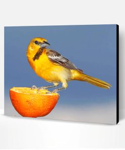 Yellow And Brown Sparrow On Sliced Orange Paint By Number