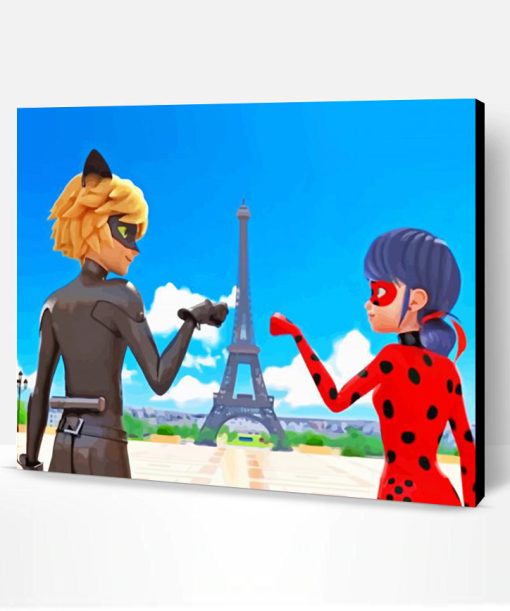 ladybug and cat noir in Paris paint by number