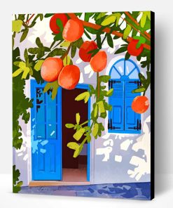 Aesthetic Orange Tree Blue Door Paint By Number