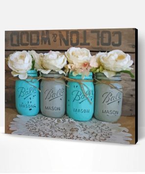 Turquoise Ball Jars With White Flowers Paint By Number