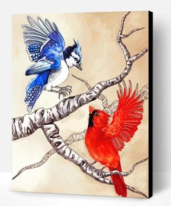 Cardinal And Blue Jay Birds On Branch Paint By Number