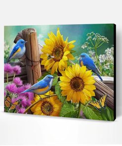 Sunflower And Blue Bird With Butterflies Paint By Number