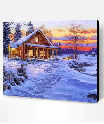 Winter Cabin In The Forest Sunset Paint By Number