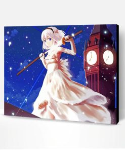 Anime Girl With White Dress And Clock Tower Paint By Number