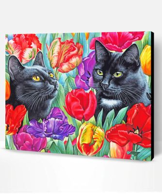 Black Cats And Colorful Flowers Paint By Number