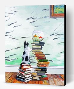 Cat and Fish With Books Paint By Numbers