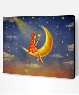 Girl Sitting on Crescent Moon Paint By Numbers