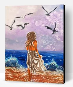 Woman in Beach With Seagulls Art Paint By Numbers