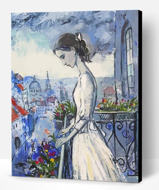 Aesthetic Lady in White on Balcony Paint By Numbers