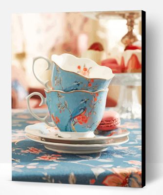 Blue Vintage Stacked Tea Cups Paint By Number