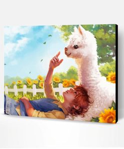 Boy And Llama In Sunflower Field Paint By Number